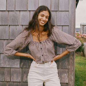 Madewell Plaid Puff Sleeve Button Front Crop Top XXS
